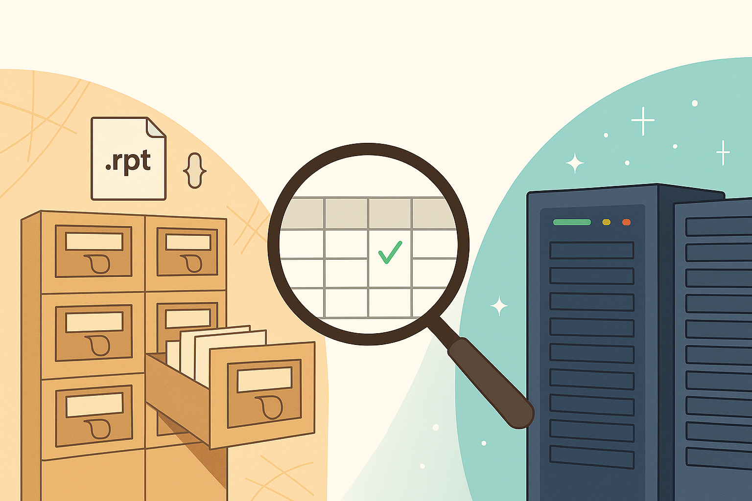 Split-panel line art illustration. Left side shows a dusty filing cabinet with .rpt files and an open drawer full of papers, symbolizing legacy systems and slow report generation (10 minutes). Right side features sleek server racks glowing against a starry blue background, representing optimized performance (10 seconds). A magnifying glass in the center highlights a database table with a green checkmark, indicating a newly added index.