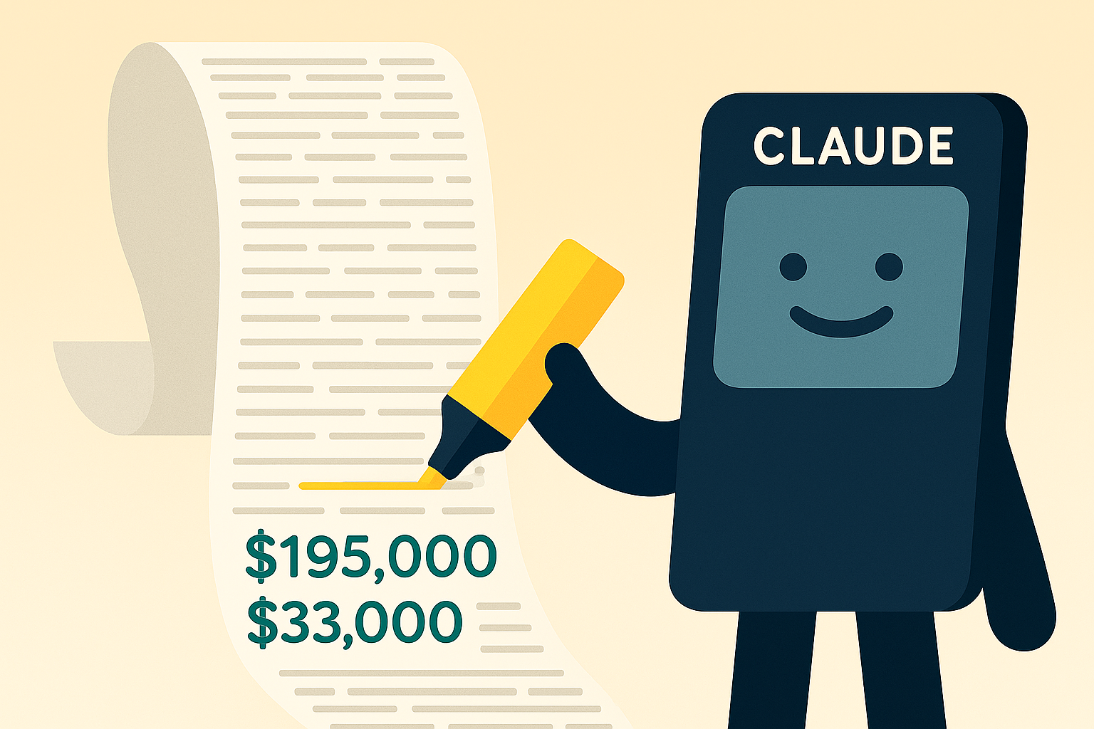 Illustration of Claude, a friendly AI chatbot, scanning a comically long receipt with a yellow highlighter. The receipt stretches across the image, filled with dense lines of text. Claude highlights a $195,000 charge crossed out and replaced with $33,000, symbolizing how AI surfaces billing inconsistencies in complex systems.
